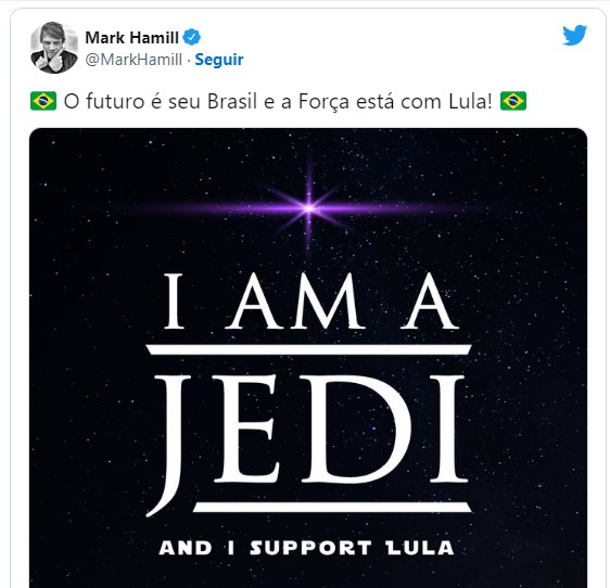 Mark Hamill manifesta apoio a Lula nas redes sociais