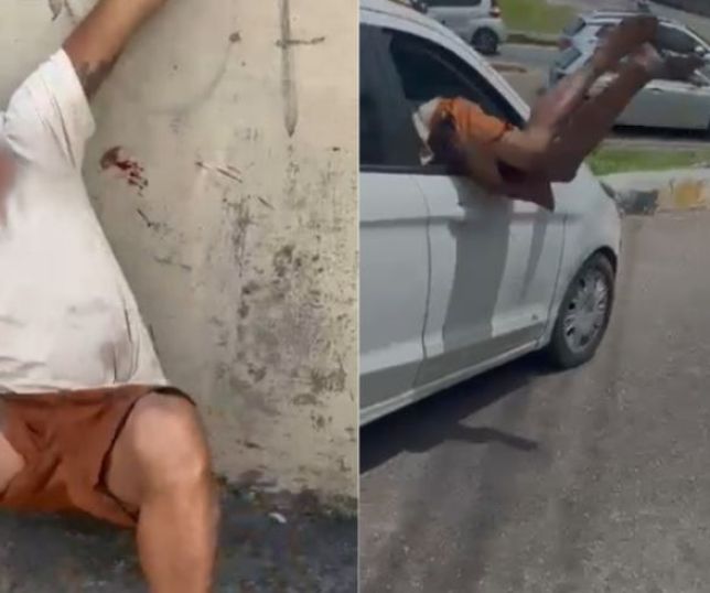 Homem acusado de furto é agredido por grupo e tenta fugir pulando pela janela de carro. VEJA VÍDEO