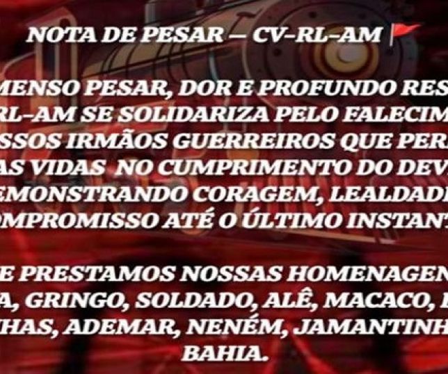 Comando vermelho divulga nota de pesar com nomes de onze traficantes amazonenses mortos na megaoperação  no Rio de Janeiro