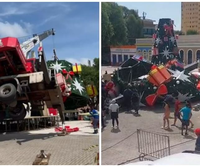 Guindaste tomba sobre árvore de Natal gigante e trabalhadores são atingidos no Largo São Sebastião, Centro de Manaus. VEJA VÍDEOS