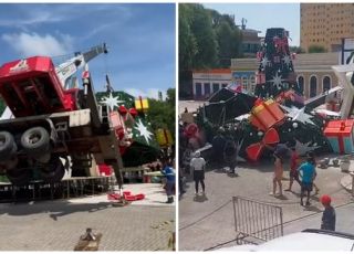Guindaste tomba sobre árvore de Natal gigante e trabalhadores são atingidos no Largo São Sebastião, Centro de Manaus. VEJA VÍDEOS