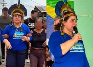 VERGONHA NA FLORESTA: Maria Enxofre do Carmo veste cocar e afronta os povos indígenas