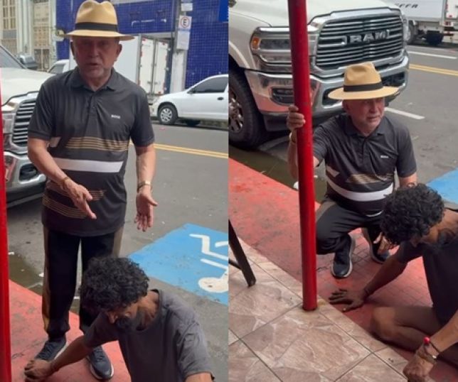 Antônio Zacarias chora ao ajudar homem que se locomove arrastando o próprio corpo pelo chão nas ruas centrais de Manaus. VEJA VÍDEO
