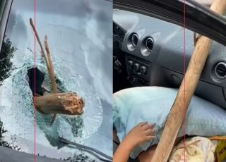 Tronco de eucalipto se solta de carreta, atravessa carro e passageira escapa com vida por milagre. VEJA VÍDEO