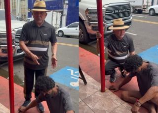 Antônio Zacarias chora ao ajudar homem que se locomove arrastando o próprio corpo pelo chão nas ruas centrais de Manaus. VEJA VÍDEO