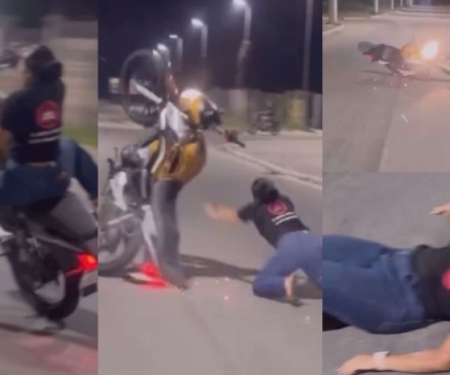 DEU RUIM! 'Amostradinha' tenta dar grau e leva queda brutal de cara no asfalto. VEJA VÍDEO