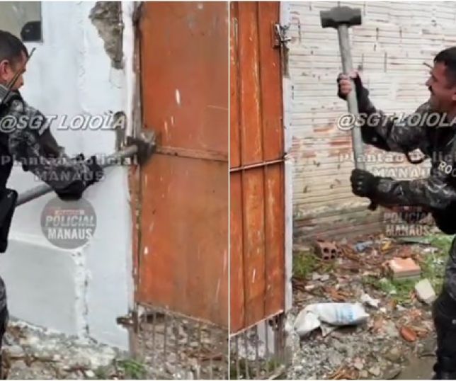 Policiais da Rocam usam marreta para derrubar portão construído por traficantes na entrada de boca de fumo na comunidade Campo Dourado, Zona Norte de Manaus. VEJA VÍDEOS