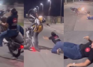 DEU RUIM! 'Amostradinha' tenta dar grau e leva queda brutal de cara no asfalto. VEJA VÍDEO