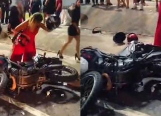Mulher surta após suposta traição e destrói moto na saída de show na Arena da Amazônia. VEJA VÍDEO