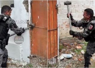 Policiais da Rocam usam marreta para derrubar portão construído por traficantes na entrada de boca de fumo na comunidade Campo Dourado, Zona Norte de Manaus. VEJA VÍDEOS