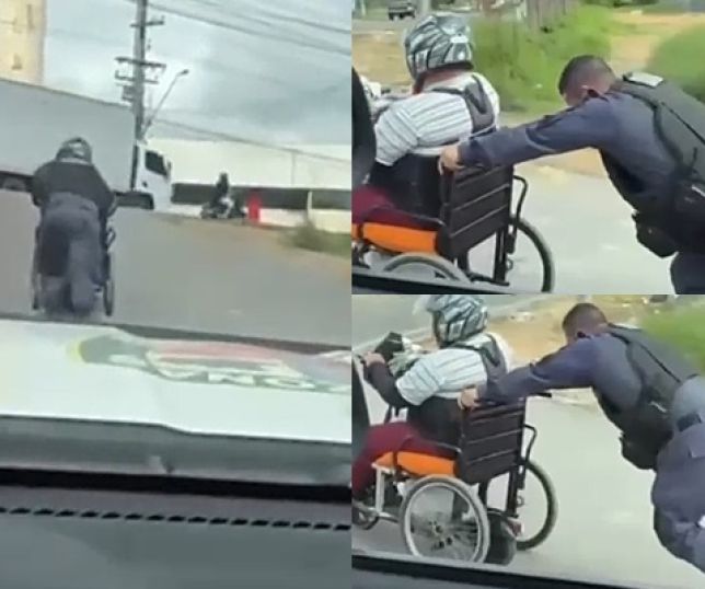 Policial militar dá exemplo de humanidade e ajuda cadeirante a subir ladeira em Manaus. VEJA VÍDEO