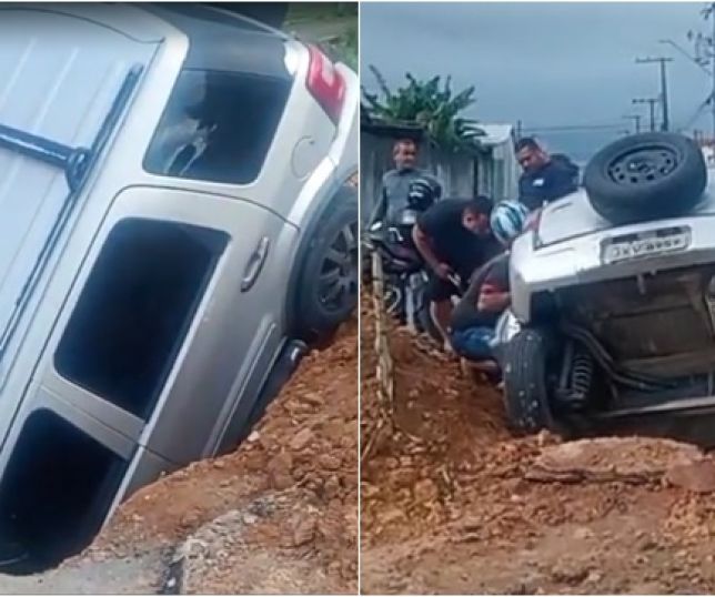 Carro cai em imenso buraco de uma obra inacabada há vários dias no Conjunto Canaranas, Zona Norte de Manaus. VEJA VÍDEOS