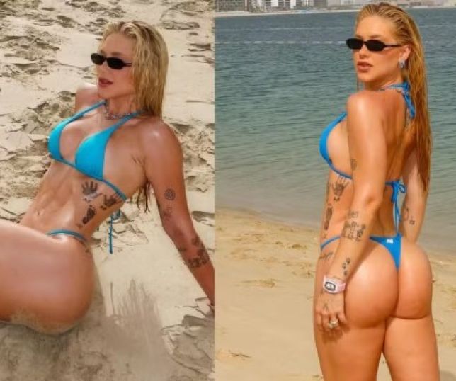 Virginia Fonseca renova bronzeado de biquíni em praia de Dubai e recebe curtida de Vini Jr.