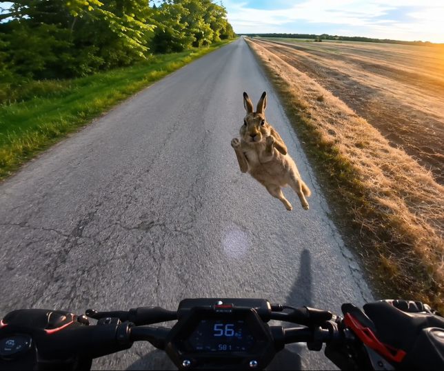 Coelho salta contra moto elétrica e derruba piloto em estrada na Hungria. VEJA VÍDEO