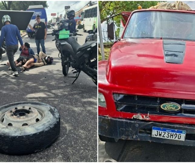 Roda se desprende de caçamba e atinge casal em motocicleta na Avenida Cosme Ferreira, Zona Leste de Manaus