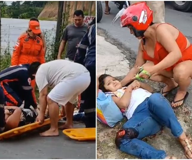 TRÂNSITO PERIGOSO! Carro em 'disparada' atropela motocicleta e deixa mãe e filha gravemente feridas no bairro Santa Etelvina, Zona Norte de Manaus. VEJA VÍDEO