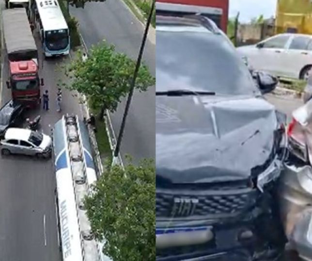 CAOS NO TRÂNSITO! Engavetamento envolvendo caminhão-tanque, caminhão baú e quatro veículos interdita Avenida Rodrigo Otávio em Manaus. VEJA VÍDEOS