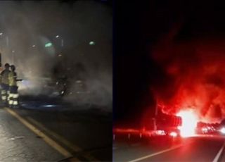 Carreta carregada de soja pega fogo após pneu estourar na BR-364 em Rondônia. VEJA VÍDEO