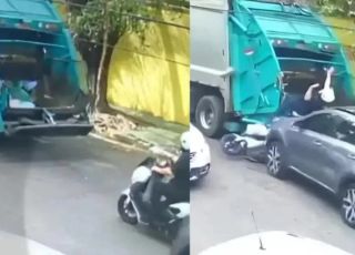 Motociclista é arremessado em colisão e cai dentro de caminhão de lixo.  VEJA VÍDEO
