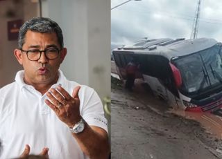 MAIS UM EPISÓDIO DA MÁ GESTÃO DE AUGUSTO FERRAZ! Trabalhadores passam susto após ônibus afundar em vala no Cacau Pirêra e moradores cobram providências. VEJA VÍDEO