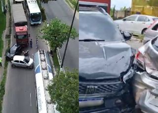 CAOS NO TRÂNSITO! Engavetamento envolvendo caminhão-tanque, caminhão baú e quatro veículos interdita Avenida Rodrigo Otávio em Manaus. VEJA VÍDEOS