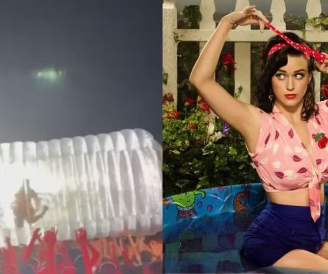 Katy Perry 'surfa' sobre multidão dentro de garrafa gigante em estreia de nova turnê na Espanha