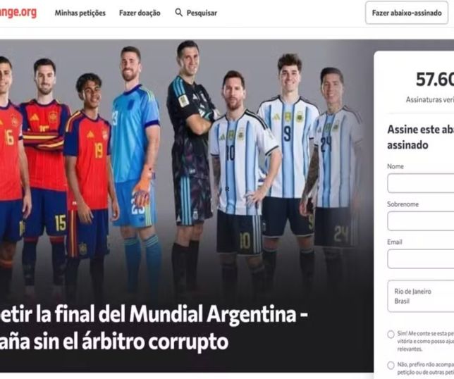 Argentinos criam abaixo-assinado para pedir repetição da final da Copa após derrota para a Espanha