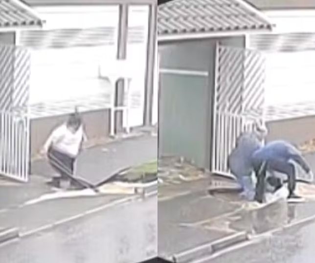 Mulher cai em buraco após calçada ceder, homens tentam ajudar e também caem, na Grande Curitiba. VEJA VÍDEO
