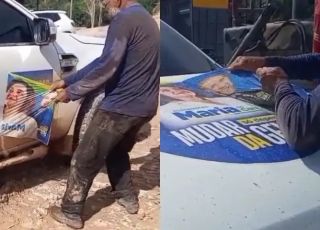 Eleitor se revolta, retira adesivos de apoio a Maria do Carmo e Alberto Neto de carro e vídeo viraliza. VEJA 