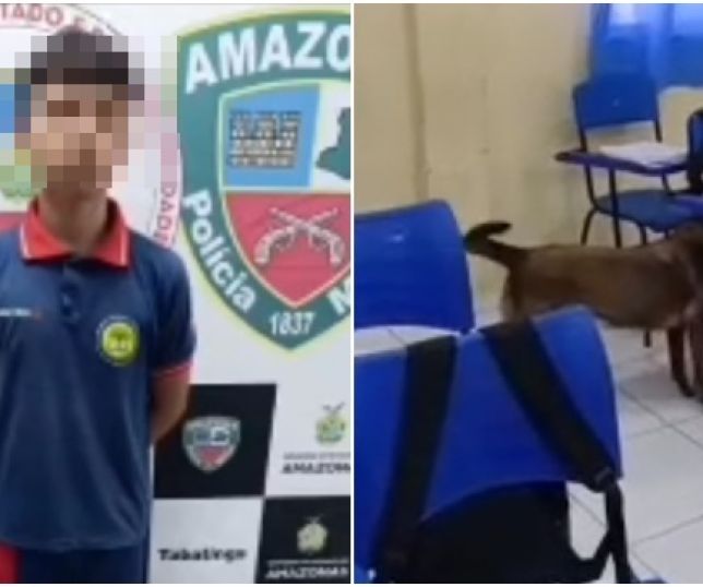 Cão policial encontra drogas dentro da mochila de aluno adolescente na sala de aula em escola de Tabatinga, interior do Amazonas. VEJA VÍDEO