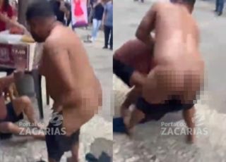 Barraco no Centro do Rio: homem fica com as partes íntimas expostas após ter short abaixado durante briga. VEJA VÍDEOS