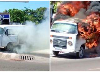 Kombi pega fogo e fica totalmente destruída em posto de combustíveis no município de Iranduba, Região Metropolitana de Manaus. VEJA VÍDEOS