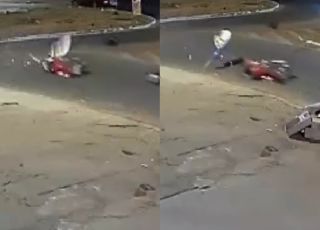 Motociclista fica ferido após acidente na rotatória do Vera Cruz 2, em Goiânia. VEJA VÍDEOS