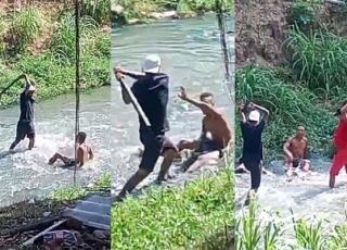 IMAGENS FORTES! Homem é espancado dentro do Igarapé do Passarinho após suposta tentativa de roubo na Zona Norte de Manaus e populares gritam 'finaliza logo'. VEJA VÍDEOS