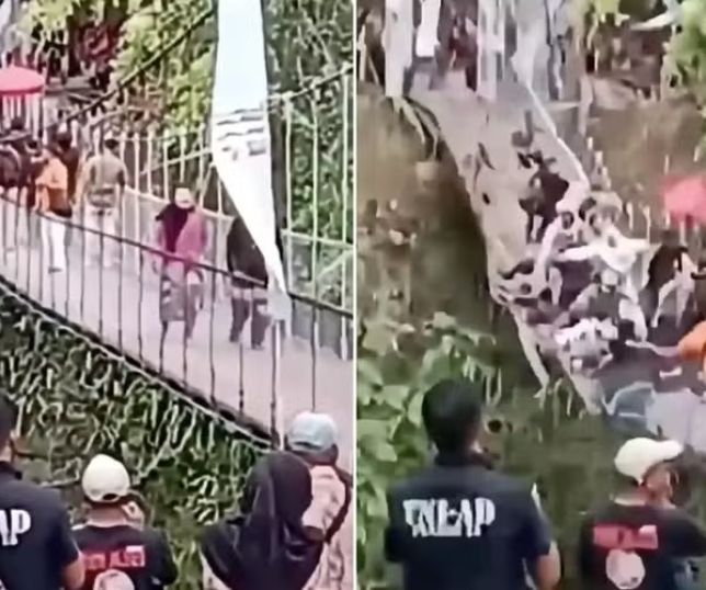 Ponte recém-inaugurada cede com cerca de 50 pessoas durante cerimônia na Indonésia. VEJA VÍDEO