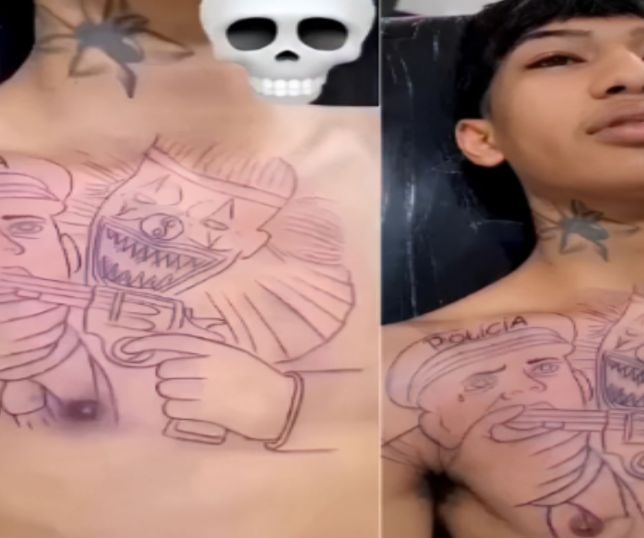 Tatuagem de palhaço ameaçando policial viraliza nas redes sociais. VEJA VÍDEO