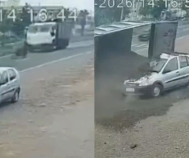 Caminhão desgovernado tomba sobre carro e quase atinge duas pessoas. VEJA VÍDEO