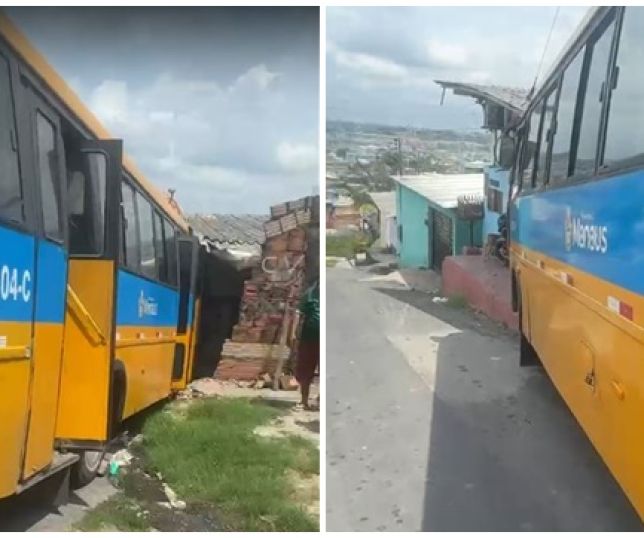 Micro-ônibus amarelinho fica desgovernado e atinge muro de residência em ladeirão no bairro Jorge Teixeira, Zona Leste de Manaus. VEJA VÍDEOS