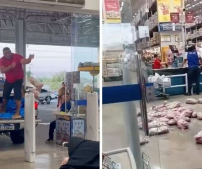 Cliente devolve vários quilos de linguiça em supermercado e alega que produtos estavam estragados. VEJA VÍDEOS