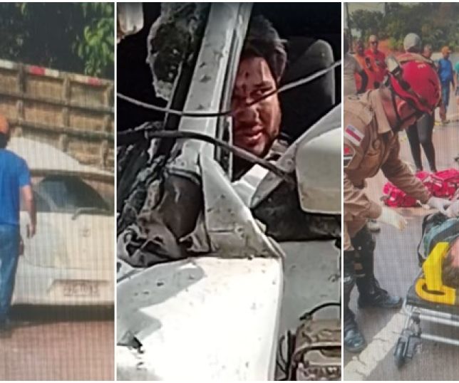 Carro de passeio ‘engaveta’ na traseira de caminhão e motorista fica preso às ferragens no Distrito de Cacau Pirêra, Região Metropolitana de Manaus. VEJA VÍDEOS
