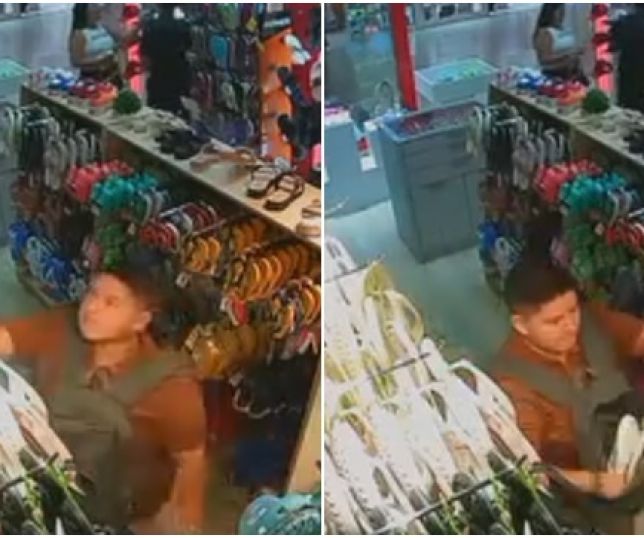 Câmera de segurança flagra homem e duas mulheres furtando sandálias em loja de calçados de shopping na Zona Leste de Manaus. VEJA VÍDEOS