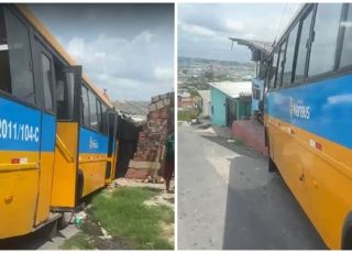 Micro-ônibus amarelinho fica desgovernado e atinge muro de residência em ladeirão no bairro Jorge Teixeira, Zona Leste de Manaus. VEJA VÍDEOS