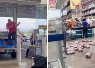 Cliente devolve vários quilos de linguiça em supermercado e alega que produtos estavam estragados. VEJA VÍDEOS