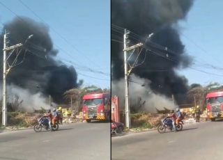 Incêndio de grandes proporções assusta motoristas e nuvem gigante de fumaça preta toma conta do Distrito 2, em Manaus. VEJA VÍDEO