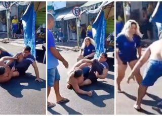 Dois homens e uma mulher são filmados durante pancadaria nas proximidades da feira do bairro Alvorada, Zona Centro-Oeste de Manaus. VEJA VÍDEO