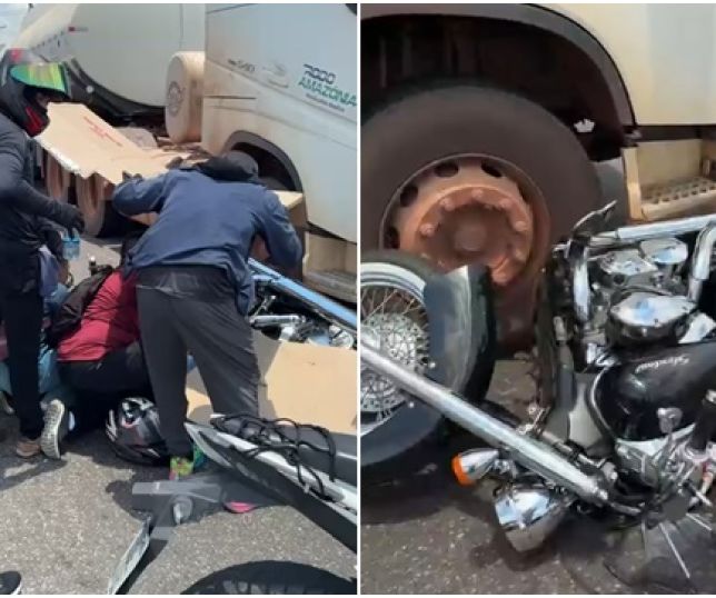 Condutor de motocicleta Harley Davidson sofre fraturas nos pés em acidente com carreta na Zona Sul de Manaus. VEJA VÍDEOS