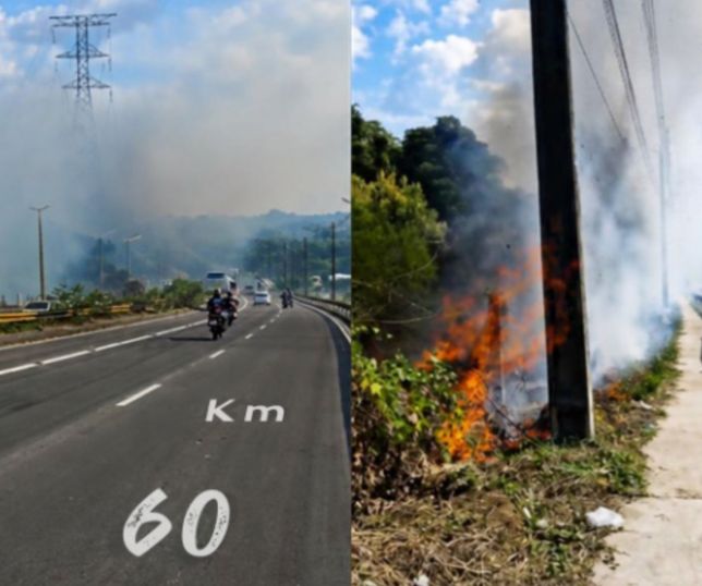 Incêndio em área de vegetação espalha fumaça e prejudica visibilidade na Avenida das Torres.  VEJA VÍDEOs