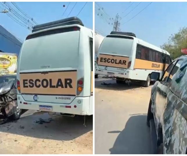 Picape Toyota Hilux colide com eixo traseiro de micro-ônibus escolar nas proximidades da barreira da rodovia AM-010, em Manaus