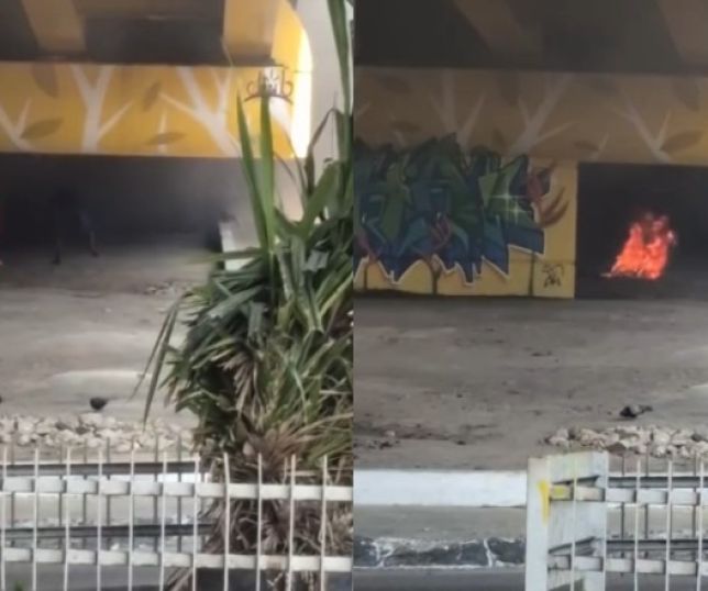 Morador de rua coloca fogo embaixo de viaduto em Manaus e situação chama atenção. VEJA VÍDEO