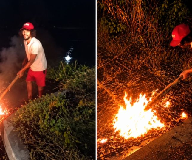 'Apaga essa porra!' Motociclista se revolta ao flagrar homem queimando fios perto de igarapé. VEJA VÍDEO